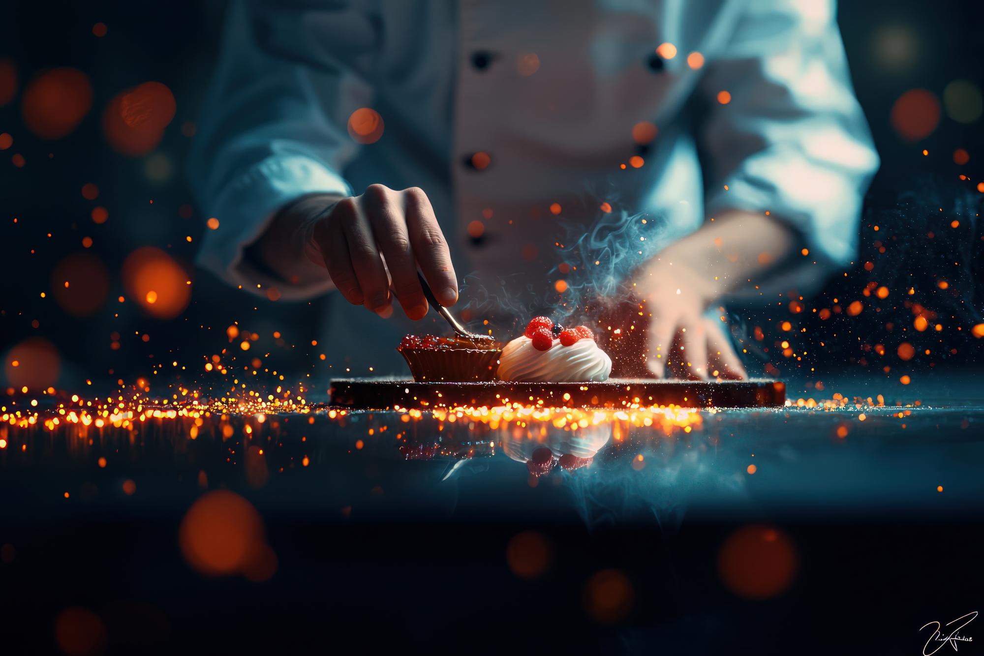 Close-up of hands seasoning a plated dish in futuristic kitchen