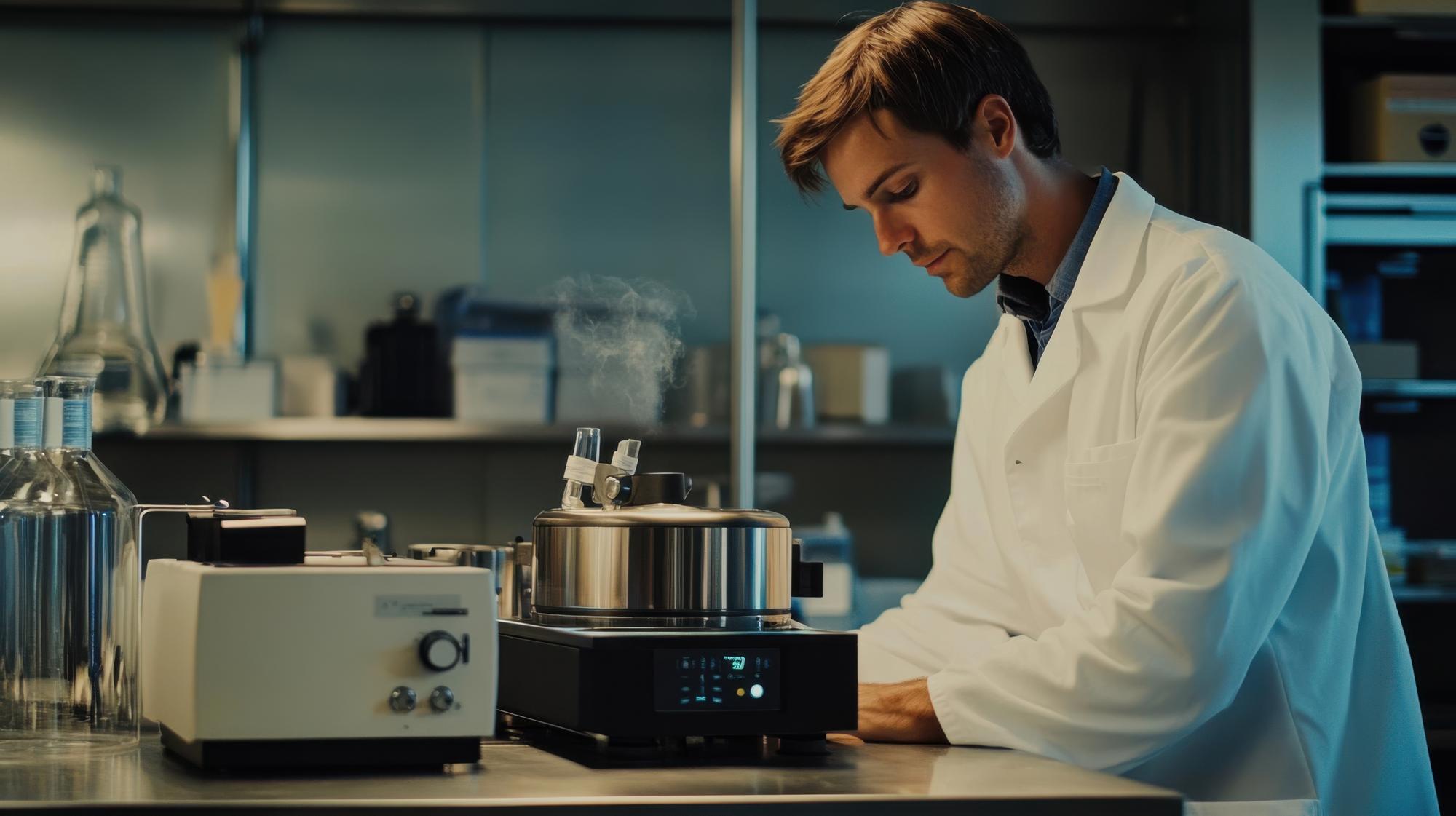 Chef calibrating sous-vide device with probe